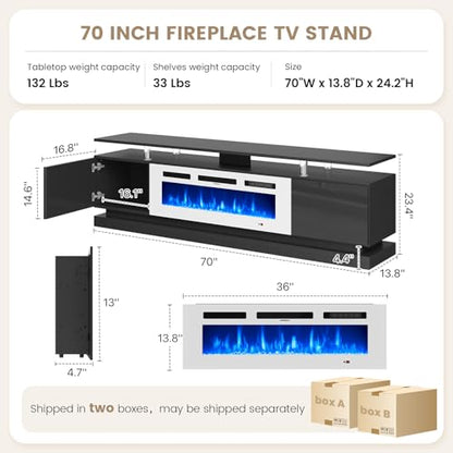 70" Fireplace TV Stand, Modern Entertainment Center, view 3