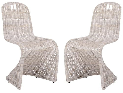 SAFAVIEH Furniture - Cilombo Dining Chair Set of 2 - White Washed Rattan - Sculptural Woven Design - Fully Assembled - Ideal for Dining Room, Kitchen (SEA7007B-SET2)
