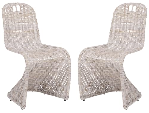 SAFAVIEH Furniture - Cilombo Dining Chair Set of 2 - White Washed Rattan - Sculptural Woven Design - Fully Assembled - Ideal for Dining Room, Kitchen (SEA7007B-SET2)
