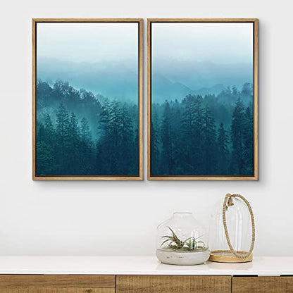 Framed Canvas Print Wall Art Set Woodland Nursery Decor Teal Mist & Fog Forest Tree Valley Nature Wilderness Decorative Landscape Zen for Living Room, Bedroom, Office - 24"x36"x2 Natural