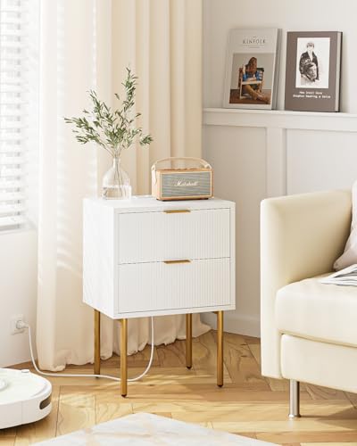 Nightstand with Charging Station,Morden Bedside Table with Gold Frame,Small White Night Stand,End Table,Bedside Furniture,Side Table with Drawer and Shelf for Bedroom,Living Room