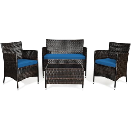 4-Piece Rattan Patio Set, Outdoor/Indoor Wicker Conversation Set for Pool, Backyard, Lawn, Wicker Chairs and Sofa with Soft Cushion, Rattan Furniture with Tempered Glass Coffee Table