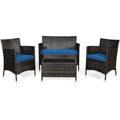 4-Piece Rattan Patio Set, Outdoor/Indoor Wicker Conversation Set for Pool, Backyard, Lawn, Wicker Chairs and Sofa with Soft Cushion, Rattan Furniture with Tempered Glass Coffee Table