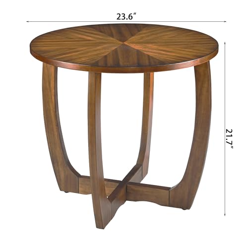 Mid Century Modern Round End Side Table Living Room, Walnut End Table Solid Wood Side Table, 23.6" Dia. Large Drum End Table Circle Nightstand Bedroom, Easy Assembly, Brown Walnut CJZ-3223