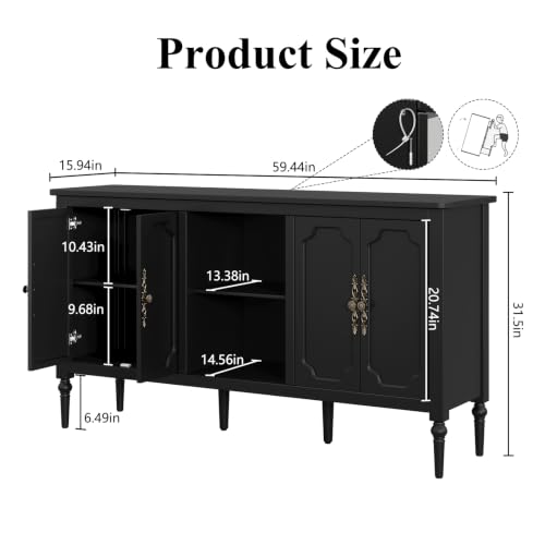 59" Vintage Sideboard Buffet Cabinet with Adjustable Shelves, Black, view 3