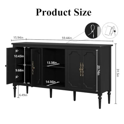 59" Vintage Sideboard Buffet Cabinet with Adjustable Shelves, Black, view 3