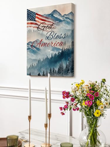 NuYeBiofx God Bless American Usa Flag Canvas Wall Art Prints,48"x32" Framed Picture Artwork Mountain Forest Tree Printed Canvas Oil Painting for Living Room Bedroom Office,Ready to Hang