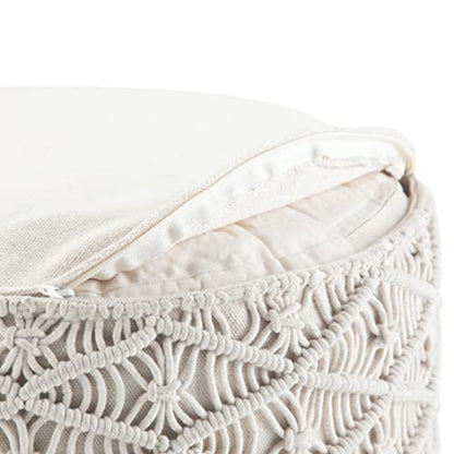 Coates Round Pouf - 18 inch Wide Handwoven Cotton Macrame Ottoman in Cream, Boho Footstool, Decorative Pouf or Extra Seating for Living Room, Bedroom, or Kids Room, Assembled