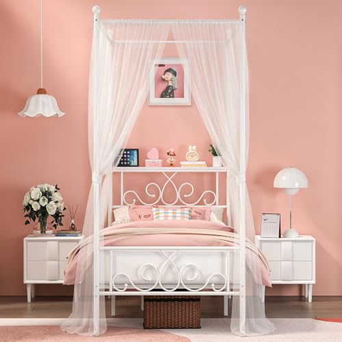 Twin Metal Canopy Bed Frame with Storage Headboard, 4 Poster Bed, White, view 4