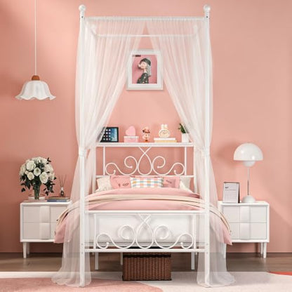 Twin Metal Canopy Bed Frame with Storage Headboard, 4 Poster Bed, White, view 4