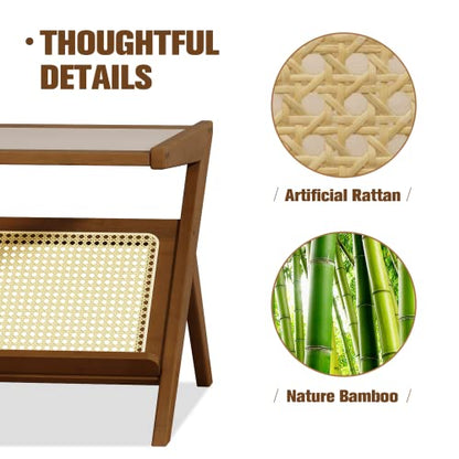 Rattan Coffee Table with Glass Top Mid-Century Modern Center Table with Storage for Living Room Table Brown