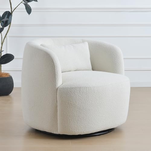 34" Wide Sherpa Swivel Barrel Chair, No Assembly Round Boucle Upholstered Accent Chair Armchair Single Sofa Chair with Toss Pillow for Living Room and Bedroom, Beige