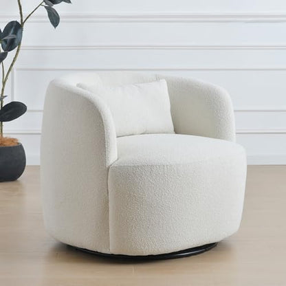 34" Wide Sherpa Swivel Barrel Chair, No Assembly Round Boucle Upholstered Accent Chair Armchair Single Sofa Chair with Toss Pillow for Living Room and Bedroom, Beige