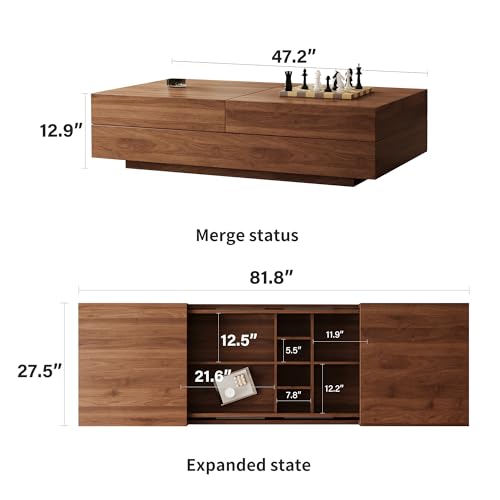 Mid-Century Expandable Coffee Table with Storage – 47.2"-81.9" Adjustable Center Table for Living Room, Walnut Wood Finish