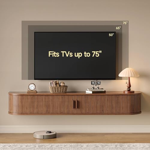 63" Floating TV Stand with Power Outlet for TVs up to 75", Walnut, view 4