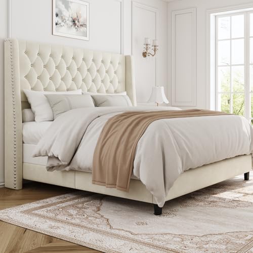 Queen Upholstered Bed Frame, 55.4'' Tall Headboard with Wingback, view 2