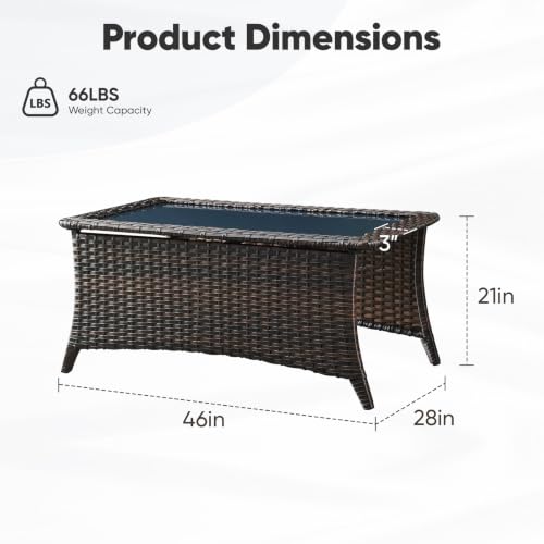 Outdoor Coffee Table with Tempered Glass Top, Patio Rectangular Brown Wicker, view 3