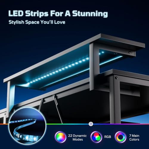 42" L-Shaped Gaming Desk with LED Lights and Power Outlets, Black, view 5