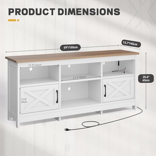 TV Stand with Cabinets, Power Outlet & LED, Living Room, White, view 3