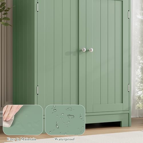 67" Tall Bathroom Storage Cabinet, Freestanding Storage Cabinet with Glass Door and Shelves, Kitchen Pantry Linen Cabinet with 2 Drawers for Bathroom, Living Room, Dining Room, Green