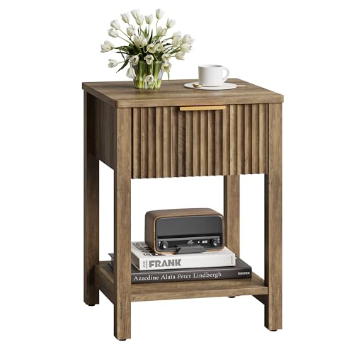 Fluted Nightstand with Drawer, Modern Beside Table with Open Shelf, Wood Brown Night Stand, Large Side Table, Curved Edge, End Table for Couch Bedroom Living Room (1, Brown) BNS102YW