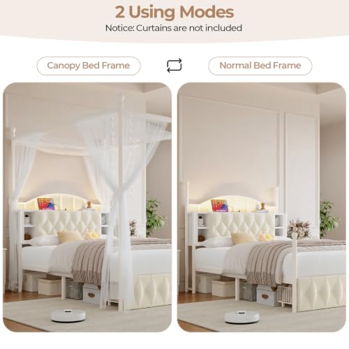 Full Size Upholstered LED Canopy Bed Frame with 2 Drawers and & Charging Station, view 7