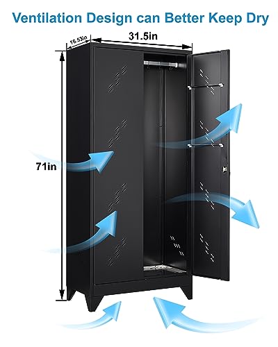 Metal Storage Cabinet with Lock, 71" Garage Storage Cabinets with Hanging Rod & S-Hooks, Large Storage Cabinet, Locking Tool Utility Closet, Black