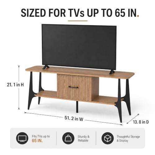Modern TV Stand, Fluted Media Console with Storage, Open Shelves, Oak, view 4