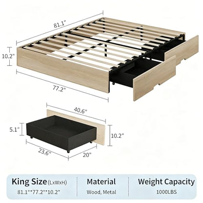King Bed Frame with 2 Storage Drawers,Wooden Floor Bed Frame, view 3