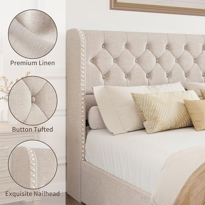 King Size Bed Frame with Storage Drawers and Wingback Headboard Linen, view 6