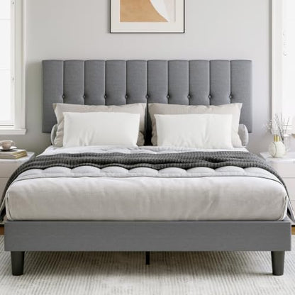 Queen Upholstered Bed Frame with Storage & Headboard, Grey, view 2