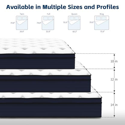 14 Inch Full Size Mattress, Pocketed Coils for Strong Support, Hybrid Memory Foam & Fiberglass Free, Cool Night & Spinal Alignment, Pressure Relief & Motion Isolation, Medium Firm
