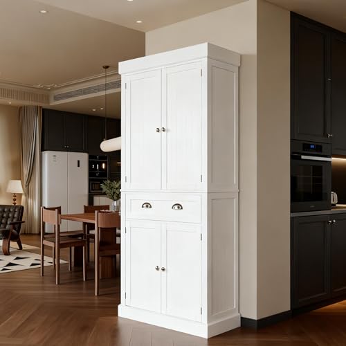 71-Inch White Storage Cabinets with Drawers, Freestanding Pantry Cabinets with Doors and Shelves Adjustable, Wood Farmhouse Kitchen Pantry Cupboard