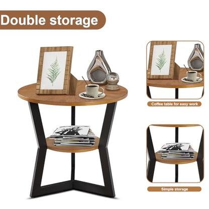 End Table, Round Wood End Table for Living Room with 2-Tier Table Top with Storage Rack, Metal Leg Triangle Support Design, Home Furniture, 25 x 25 x 24 in, Brown