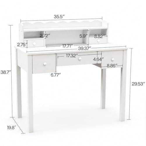 Writing Desk with Hutch, 40" Small White Desk for Girls, 5 Drawers, view 3