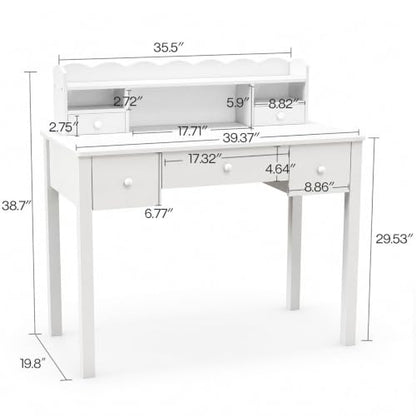 Writing Desk with Hutch, 40" Small White Desk for Girls, 5 Drawers, view 3