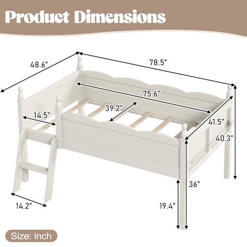 JIVOIT Twin Low Loft Bed, Solid Wood, Full Guardrails, Ladder & Side Bookshelf (Beige/ Twin,76)