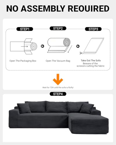 108" Cloud Sectional Couch,Modern Modular Sectional Sofa with Deep Seat,Corduroy Boneless Couches with L-Shape Chaise for Living Room,No Assembly Required (Black, Right Facing Chaise)