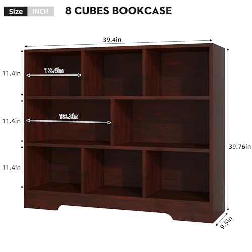 Book Shelf, 8 Cubes Storage Organizer, 3-Tier Open Shelf Wooden Bookcase, Freestanding Cherry Bookshelf Cube Shelf for Bedroom, Living Room, Home Office