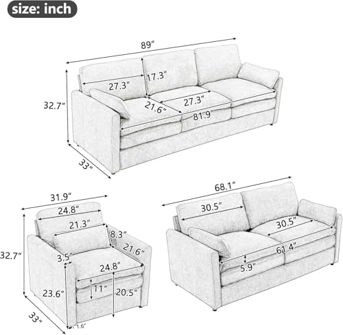 2-Piece Chenille Fabric Upholstered Sofa Set with Oversized Comfy Cloud 3-Seater Couch and Loveseat Sofa, Double Plush Cushion for Living Room