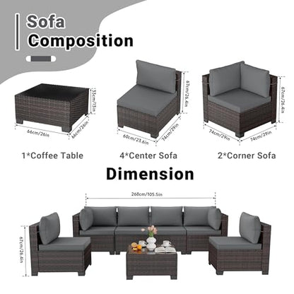CHABATREE 7pcs Outdoor Patio Furniture Sets,Rattan Conversation Sectional Set,Manual Weaving Wicker Patio Sofa with Tea Table