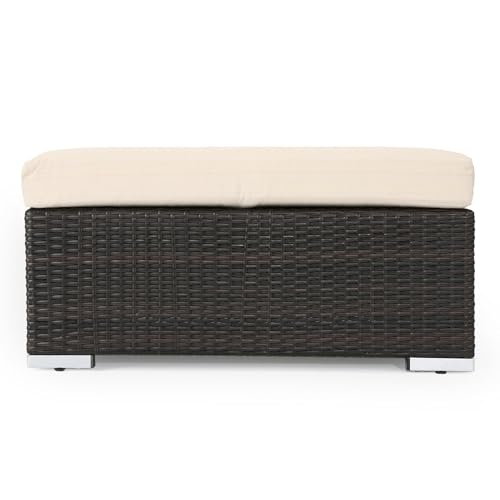 Outdoor Wicker Ottoman with Cushion for Stylish Patio Furniture, Versatile Garden Footrest or Extra Seating, Comfortable and Durable, Beige