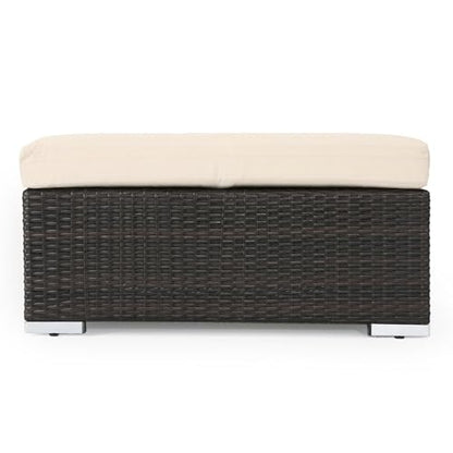 Outdoor Wicker Ottoman with Cushion for Stylish Patio Furniture, Versatile Garden Footrest or Extra Seating, Comfortable and Durable, Beige
