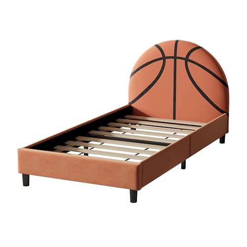 Basketball Design Twin Size Bed Frame for Kids,Twin Boys Bed Frame,Sports Theme Upholstered Platform Bed with Headboard for Boys,Girls,Orange