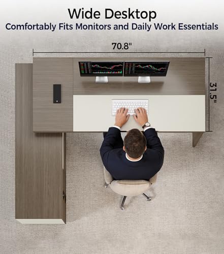 79" L-Shaped Executive Desk with Drawers, Large Modern Office Desk with Storage Shelves, LED Lighting, Built-in Outlet & USB Ports – Home Office Desk (Smoked Oak & Cream White, Left Return)