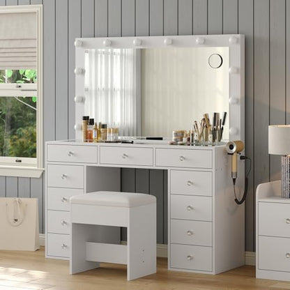 Vanity Desk with Power Outlet, Makeup Vanity with Mirror and 12 LED Lights, 3 Lighting Modes,11 Drawers Vanity Table with Chair, Glass Top, Dressing Table for Bedroom,Dressing Room, White