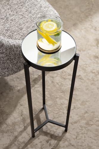 Aguilar Modern Mirrored Round Drink Table; 9 x 9 x 23; Black; Metal Accent Table with Mirrored Tabletop and for Use as Small Plant Stand