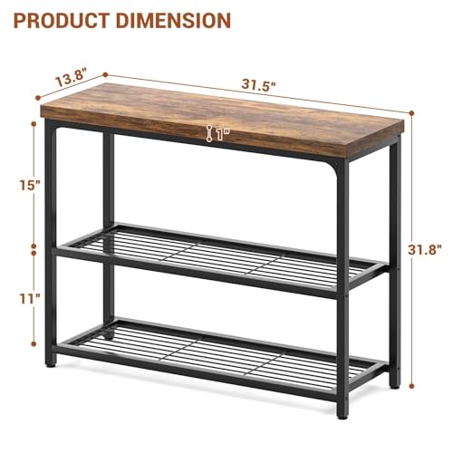 32" Small Console Table with Storage, 3-Tier Industrial Narrow Entryway Table with Mesh Shelves, Sofa Table Behind Couch for Hallway Foyer Living Room, Sturdy Metal Frame, Rustic Brown