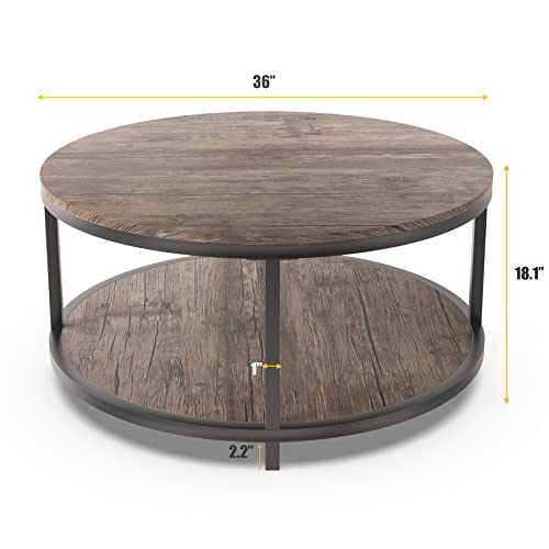 Round Coffee Table, 36” Coffee Table for Living Room, 2-Tier Wood Desktop & Sturdy Metal Legs Table Home Furniture with Storage Shelf (Walnut)