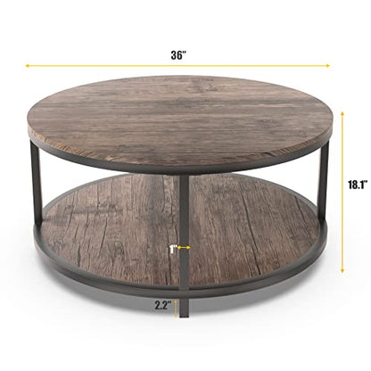Round Coffee Table, 36” Coffee Table for Living Room, 2-Tier Wood Desktop & Sturdy Metal Legs Table Home Furniture with Storage Shelf (Walnut)